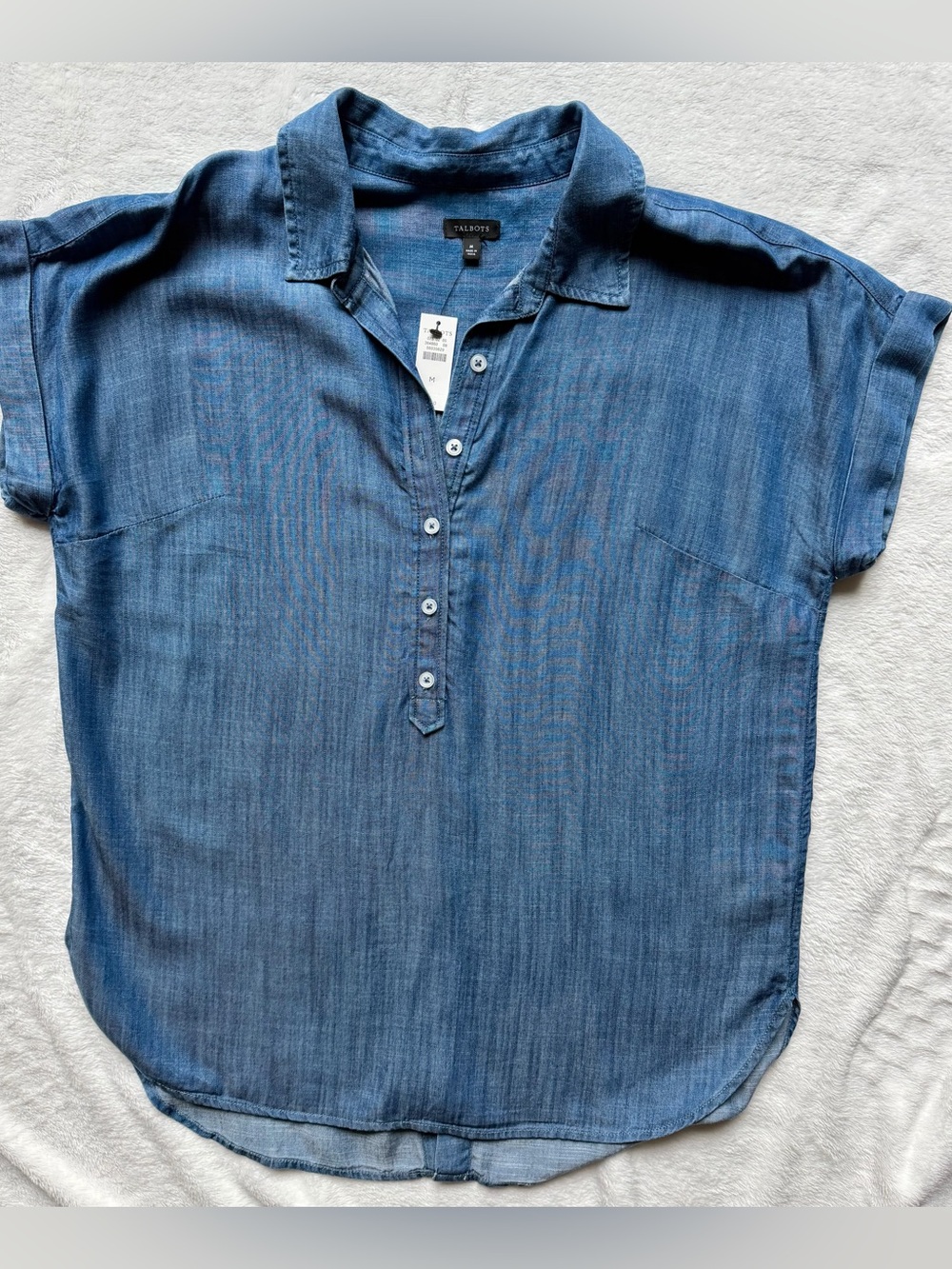 Talbots Blue Denim-Style Short Sleeve Button Popover Shirt